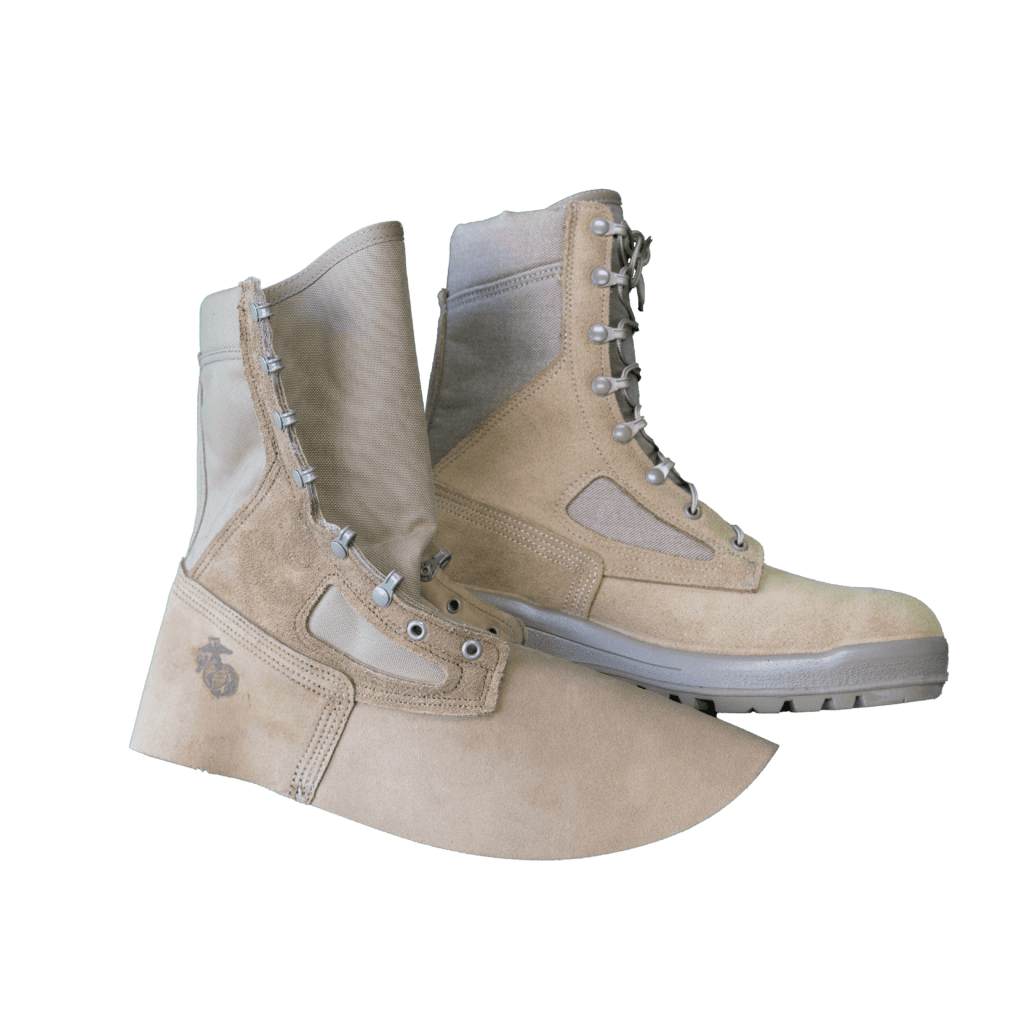 Rugged military combat boots with reinforced stitching and ankle support, manufactured by American Stitchco, Inc., a defense contract sewing company.