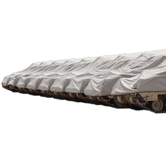 Heavy-duty military tank covers protecting armored vehicles from harsh environments, manufactured by American Stitchco, Inc., a defense contract sewing company.