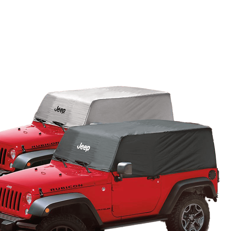 Custom OEM Jeep fabric car cover by American Stitchco, Inc., protecting windshield, mirrors, and vehicle top.