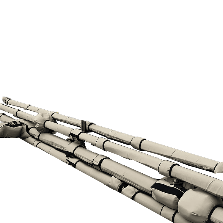 Long-section industrial piping with high-temperature insulation wraps, precision-sewn by American Stitchco for thermal management in oil and gas systems.